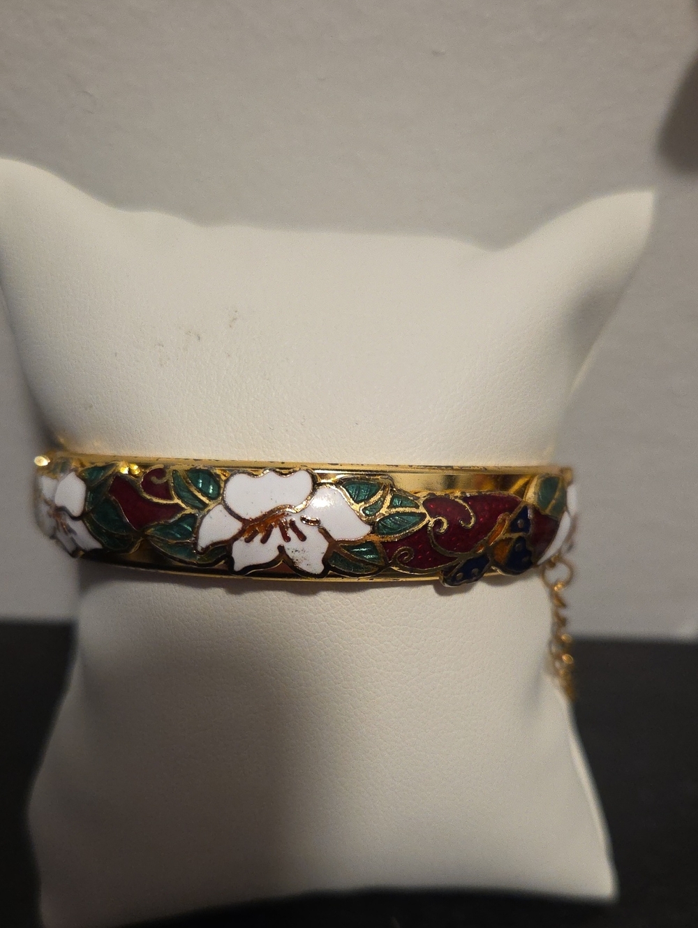 Gold-Tone Floral Cloisonné Bangle With Clasp And Safety Chain